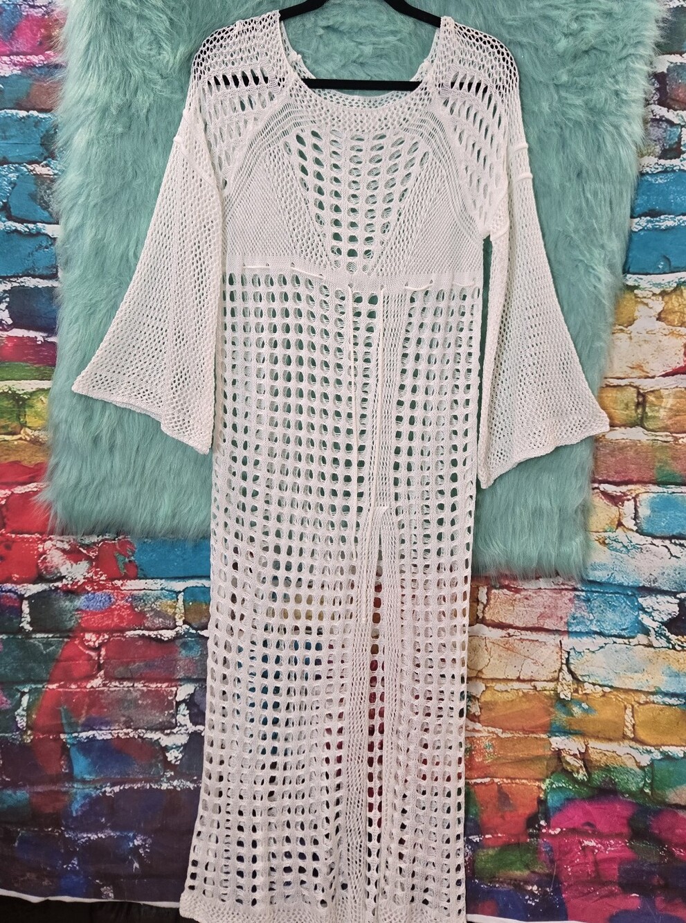 No brand tag White Knit Long Bell Sleeve Sleeve Swimsuit Cover Up Approx S-M - Picture 11 of 11